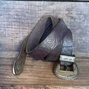 Rustic Tooled Black Leather Belt Silver Buckle Tip Keepers Size Sm